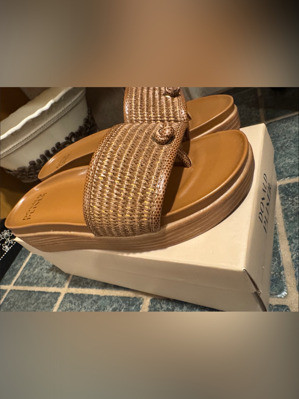 Donald J. Pliner Tan Woven Leather Slide Sandals